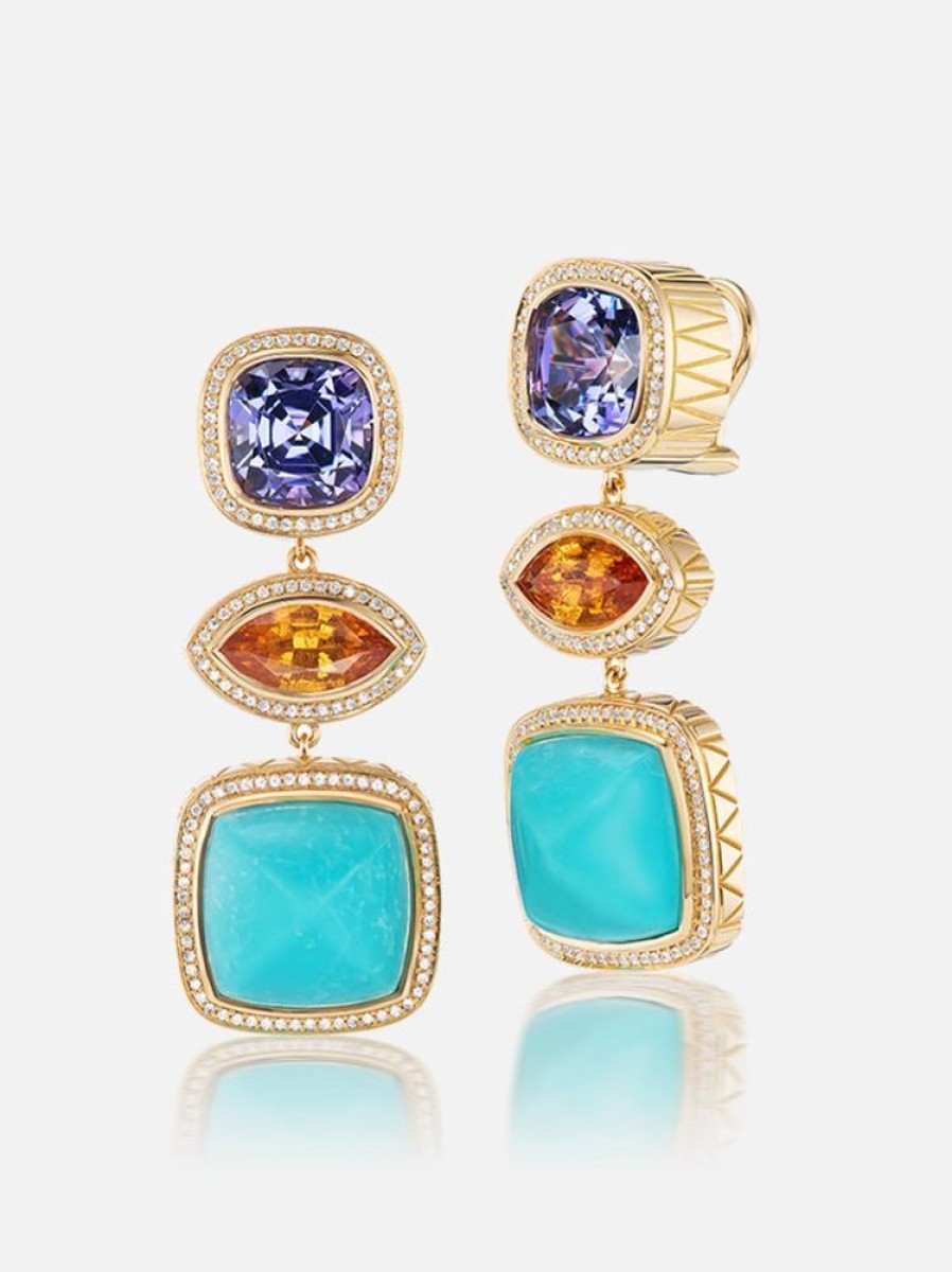 Jewelry Harwell Godfrey | Tanzanite - Mandarin Garnet - Turquoise - Diamond Drop Earrings