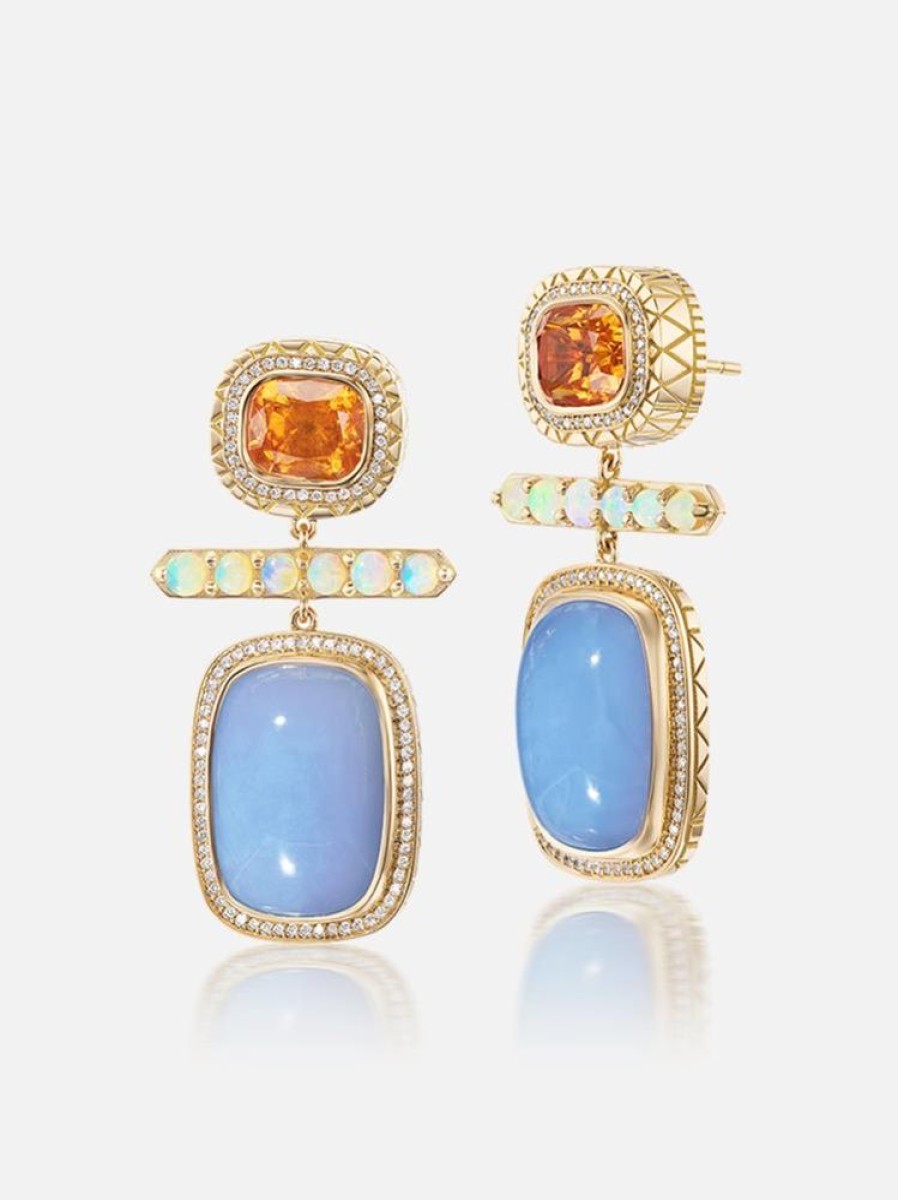 Jewelry Harwell Godfrey | Mandarin Garnet - Opal - Calcedony - Diamond Drop Earrings