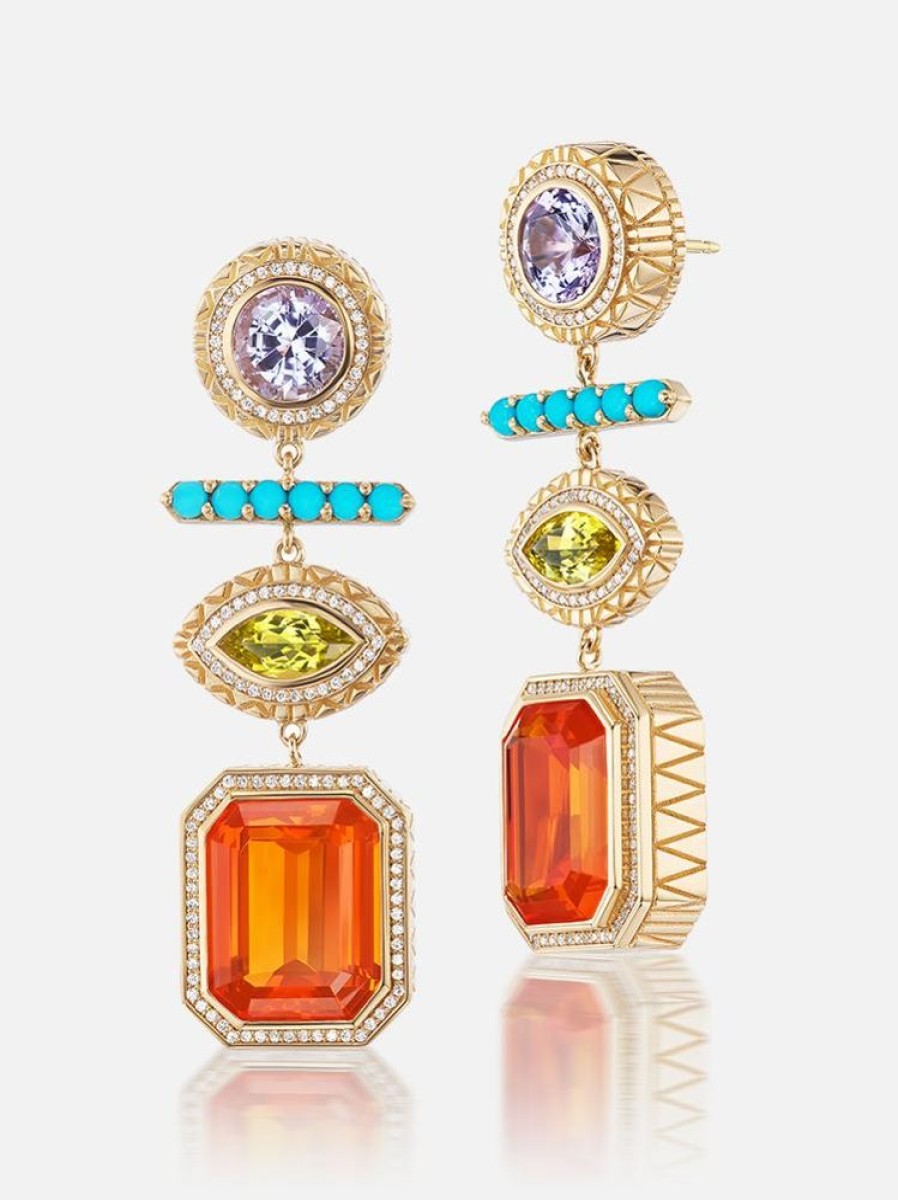 Jewelry Harwell Godfrey | Fire Opal - Tanzanite - Canary Tourmaline - Turquoise - Diamond Drop Earrings