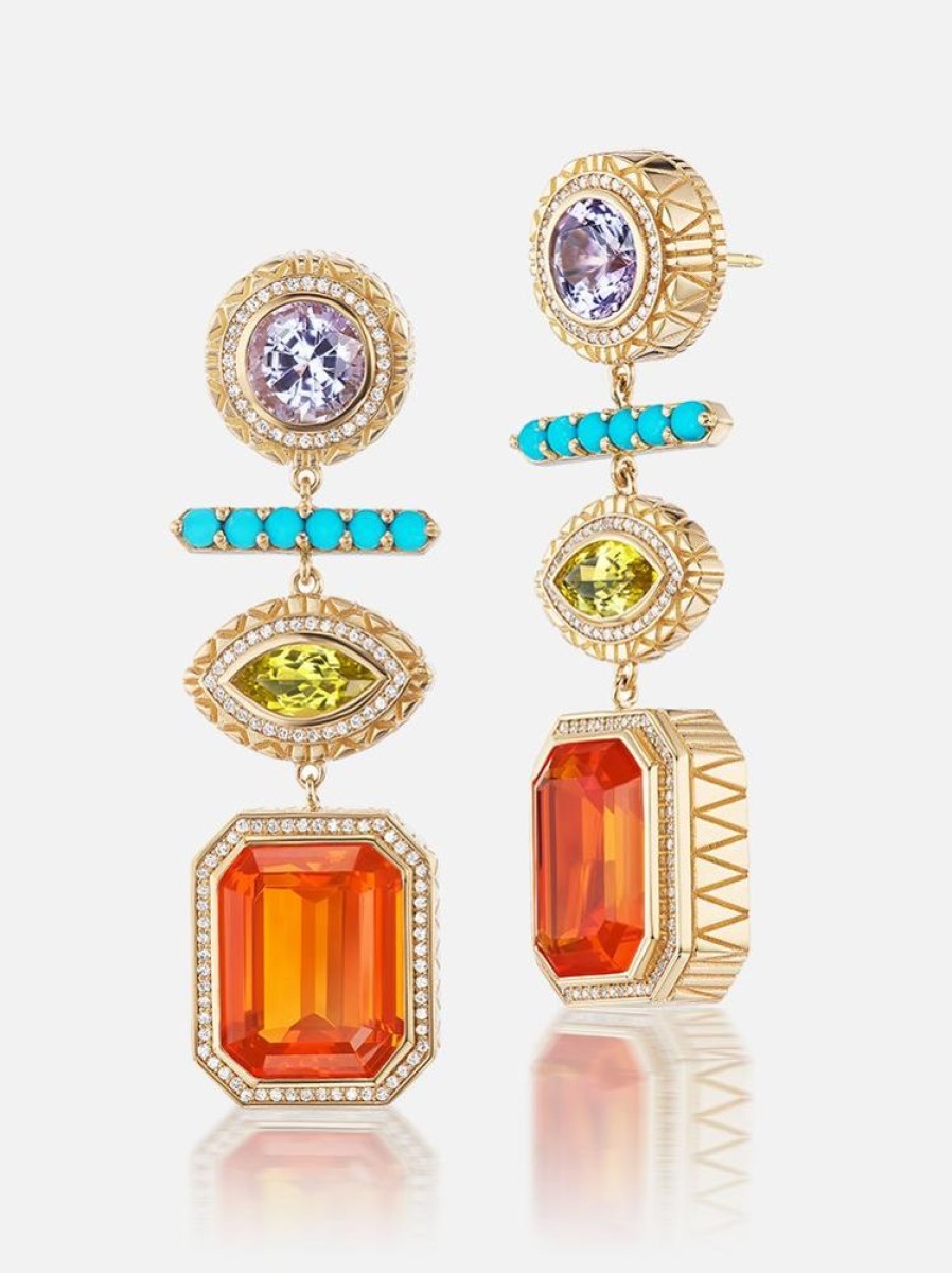 Jewelry Harwell Godfrey | Fire Opal - Tanzanite - Canary Tourmaline - Turquoise - Diamond Drop Earrings